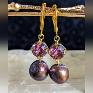 Dark Purple Baroque Pearl With Swarovski Amethyst Crystal Drop Earrings